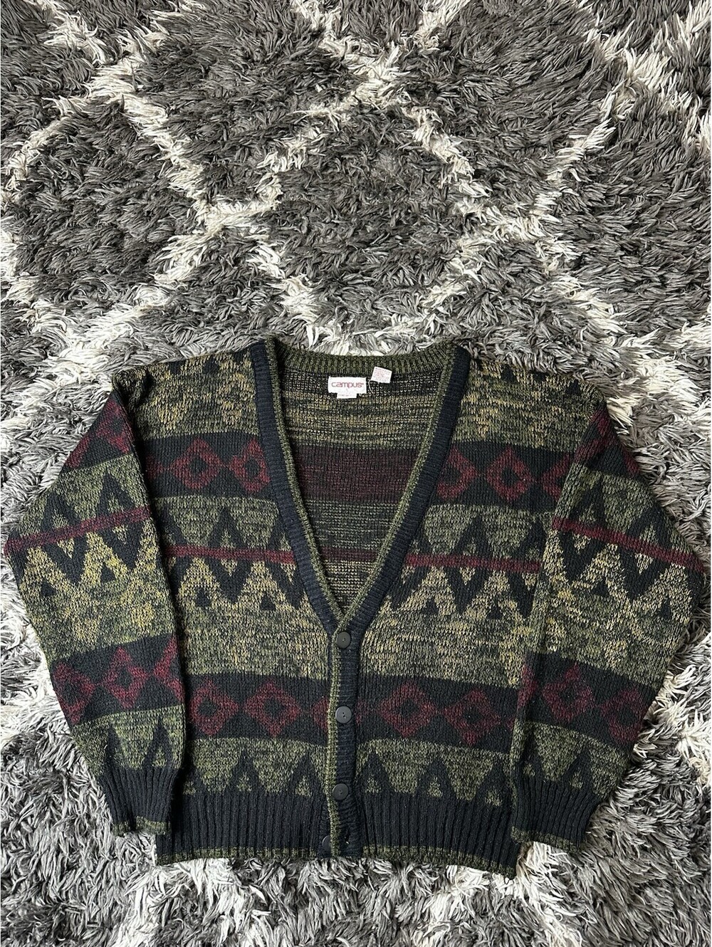 Vintage 80s Campus Geometric Knit Cardigan Sweater Size M Boho Geometric